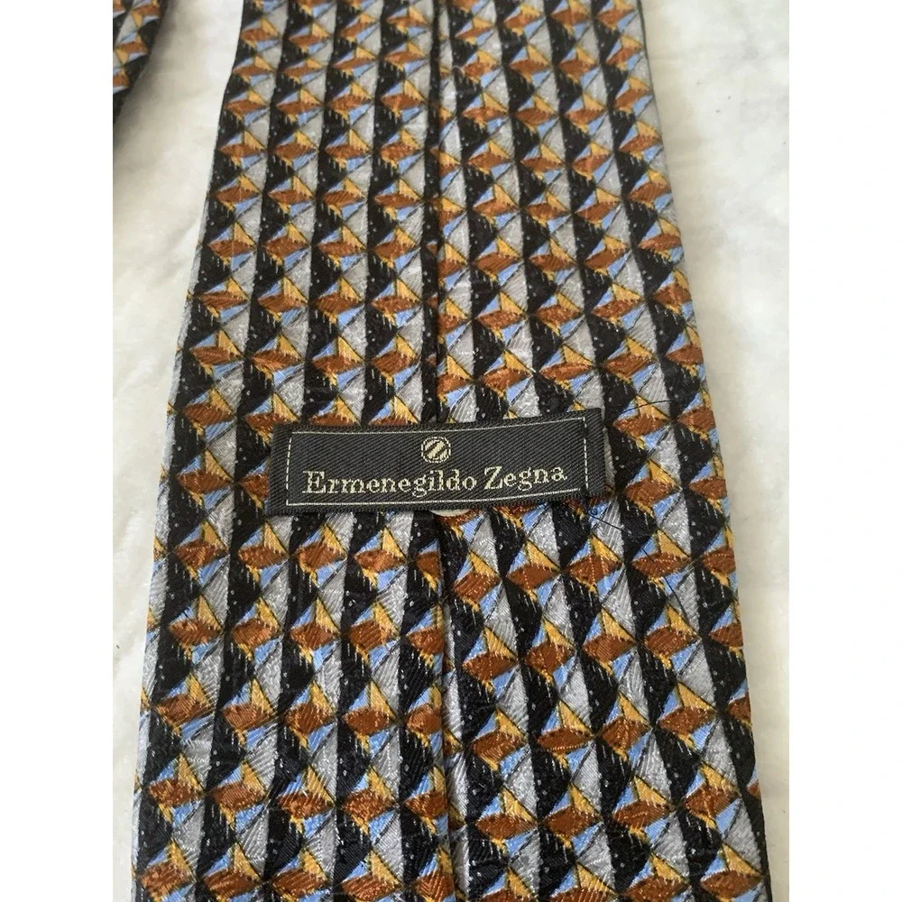 Ermenegildo Zegna Tie 100% Silk Blue Brown Black Geometric